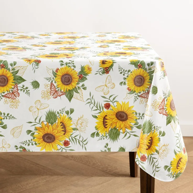 Elrene Home Fashions Sonnenblumen-Tischdecke mit Vintage-Blumenmuster, Wasser- und schmutzabweisend, Vinyl, für Außen- und Innenbereich, mit Flanell-Rückseite, 152x213 cm, Rechteckig