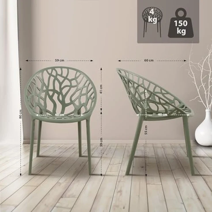CLP 4er Set 'Hope' Gartenstuhl mit Armlehnen, stapelbar & wetterfest, recyceltem Polypropylen, Oliv – Bild 3