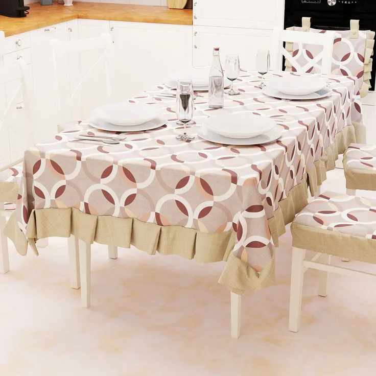 PETTI Artigiani Italiani - Tischdecke, Kunststoff-Tischdecke mit Rüschen, Tischdecke, Outdoor-Tischdecke, wasserdicht, Baumwolle, Kreis-Design, Beige, 12 Sitzplätze (140x240 cm), 100% Made in Italy