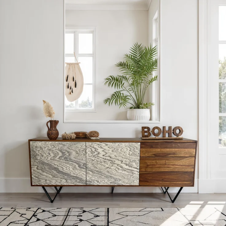 FineBuy Sideboard Sheesham Massivholz 175 cm 2 Türen & 3 Schubladen - Massive Retro Kommode Steinoptik - Design Natur Anrichte - Handmade Industrial – Bild 1