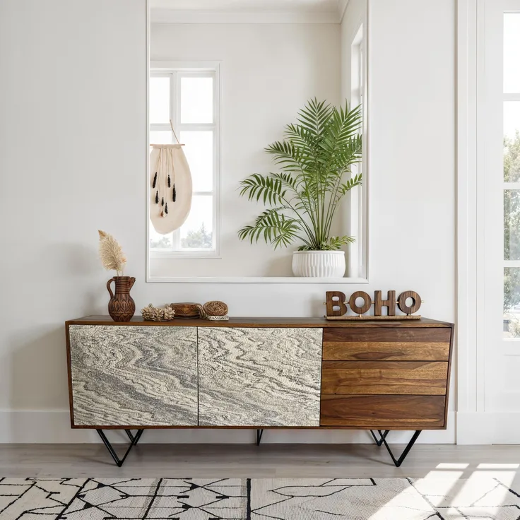 FineBuy Sideboard Sheesham Massivholz 175 cm 2 Türen & 3 Schubladen - Massive Retro Kommode Steinoptik - Design Natur Anrichte - Handmade Industrial