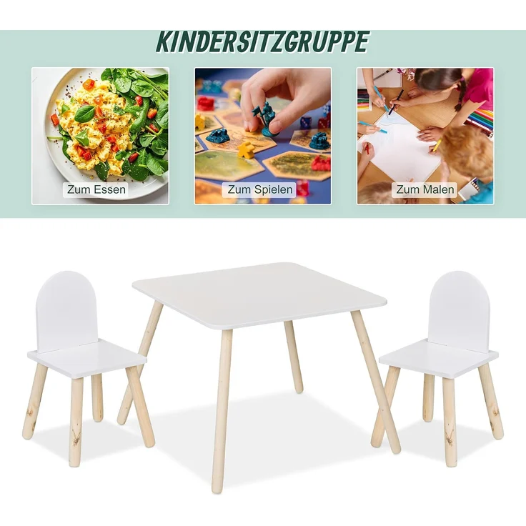 Relaxdays Kindersitzgruppe, 3-TLG, Kindertisch mit 2 Stühlen, Mädchen & Jungen, Sitzecke fürs Kinderzimmer, weiß/Natur – Bild 3