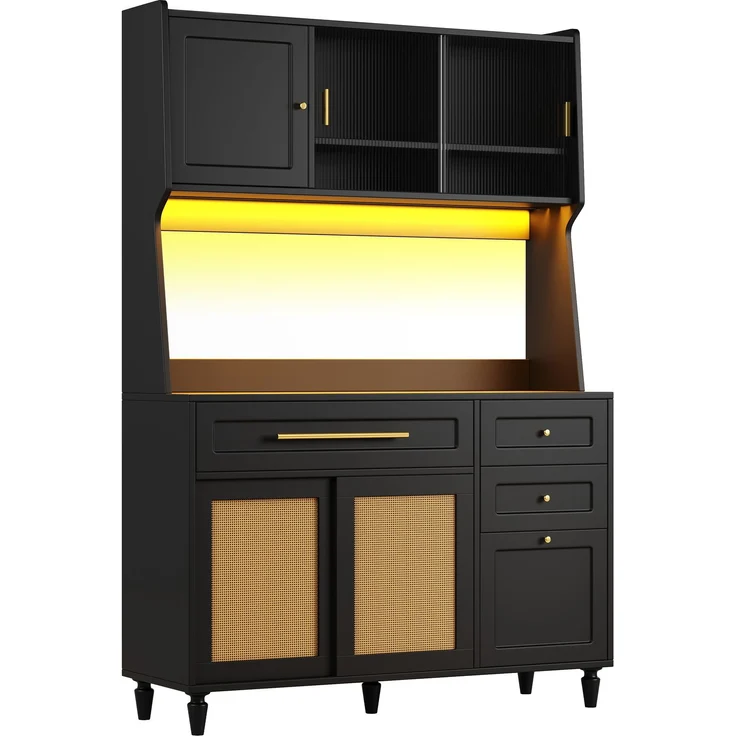 Küchenschrank, Hochschrank,Vitrinenschrank, Buffetschrank mit Verstellbaren Ablagen, Esszimmerschrank mit 3 Schubladen,Sideboard mit LED-Beleuchtung, PE-rattan, schwarz--Schwarz--120x45x195.5cm--YOUDENOVA – Bild 10