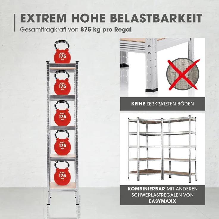 EASYmaxx Schwerlastregal 180x40x40 cm, 875 kg Traglast, 175 kg pro Ebene, 1-tlg, Kellerregal Lagerregal, 5 verstellbare Ablagen – Bild 3