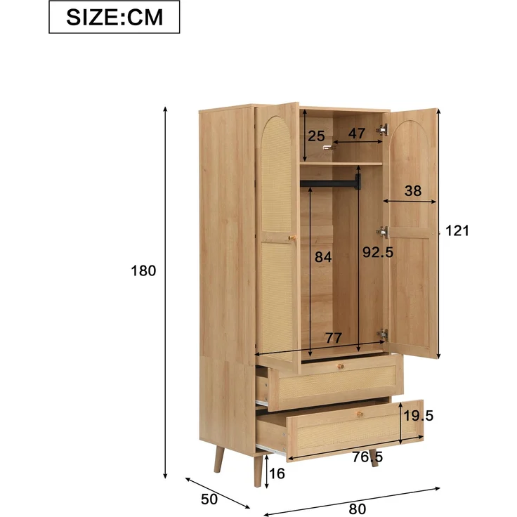 Kleiderschrank in Naturholz-Optik, Mehrzweckschrank mit Rattan-Design, Kleiderstange, Ablagefächern und 2 Schubladen, moderner Garderobenschrank für Schlafzimmer, Flur und Ankleidezimmer--Natürlich--80x50x180cm--YOUDENOVA – Bild 6