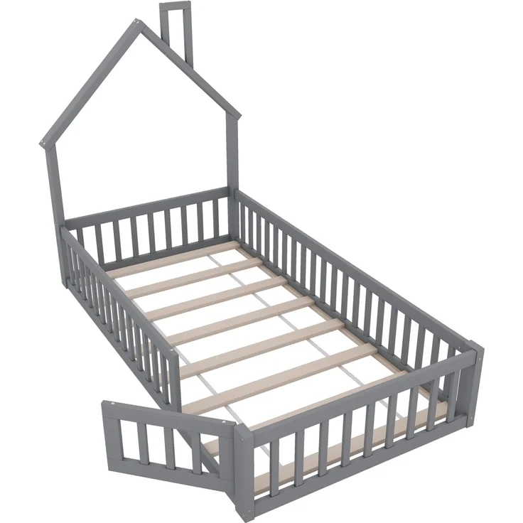 Kinderbett Hausbett 90x200 cm mit Schornsteinform, flaches Bett mit Lattenrost,Sicherheitsgitter für Sturzschutz, kreatives Design, Grau – Bild 7