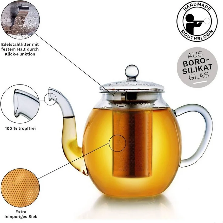 Creano Teekanne Teekanne aus Glas 1,0l - 2 Teeblumen - mit Edelstahl-Sieb und Deckel – Bild 4