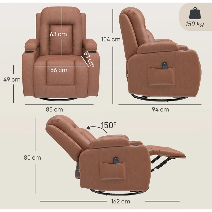 MELAYR, Massagesessel mit Heizfunktion, Entspannungssessel, Verstellbare Rückenlehne, Drehbar, 82 x 99 x 103 cm, Braun – Bild 5