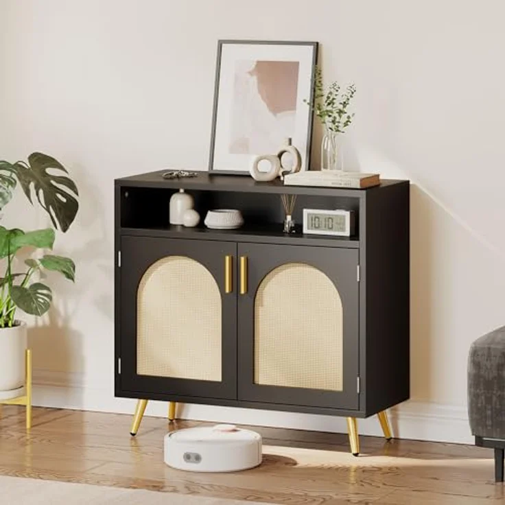 YITAHOME Sideboard mit Rattandekor, Aufbewahrungsschrank, Buffet-Schrank für Esszimmer, Schlafzimmer, Wohnzimmer als Medieneinheit, Küchenschrank-Aufbewahrung, Flur-Konsole, B80 cm × T35 cm × H75 cm – Bild 5