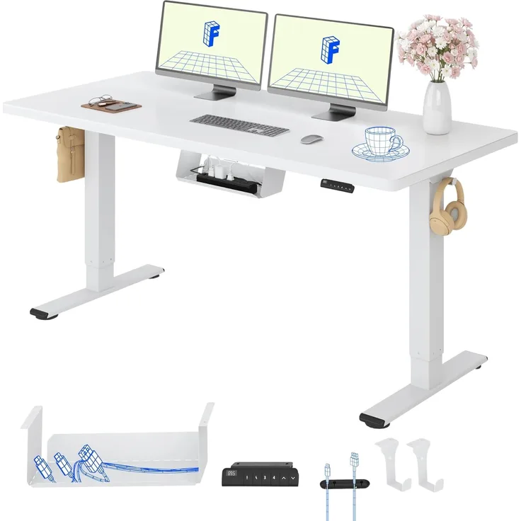Flexispot E1 Elektrisch Höhenverstellbarer Schreibtisch mit Tischplatte 2-Fach-Teleskop, mit Memory-Steuerung(160x80 cm, weiß+weiß)
