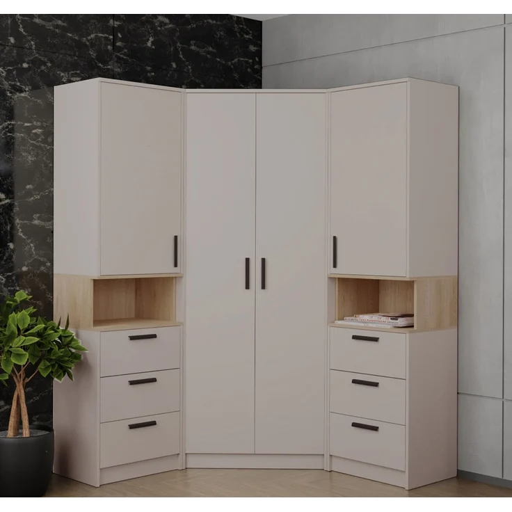 Marmex Möbel Grant 17C Ein Garderoben-Set, Mehrzweckschrank-Set ,Flur, Schlafzimmer, Eckschrank-Set, laminierte Spanplatte, graubeige cashmere+cremona torro, 143x195x143 cm – Bild 5