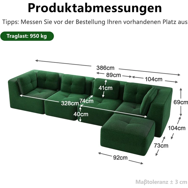 EINHOM Modulares Wohnzimmersofa ohne Gestell, ein bequemes Viersitzer-Sofa mit tiefer Sitzfläche, weichen Kissen und Cordbezug, kein Aufbau erforderlich und mit rutschfestem Design, Grün – Bild 2