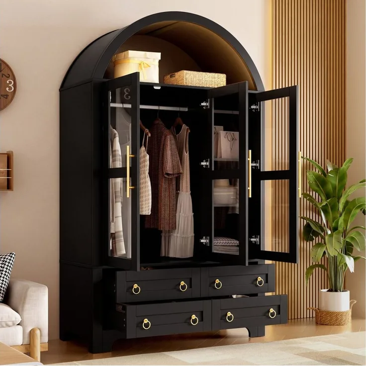 Odikalo Kleiderschrank Kleiderschränke Schlafzimmerschrank mit LED Schubladen Kleiderstange (Flurgarderobe mit 3 Glastüren und 4 Schubladen, Vitrinenschrank, Wohnzimmerschrank, Aufbewahrungsschrank, Kleiderschrank mit LED-Beleuchtung App-steuerbare)