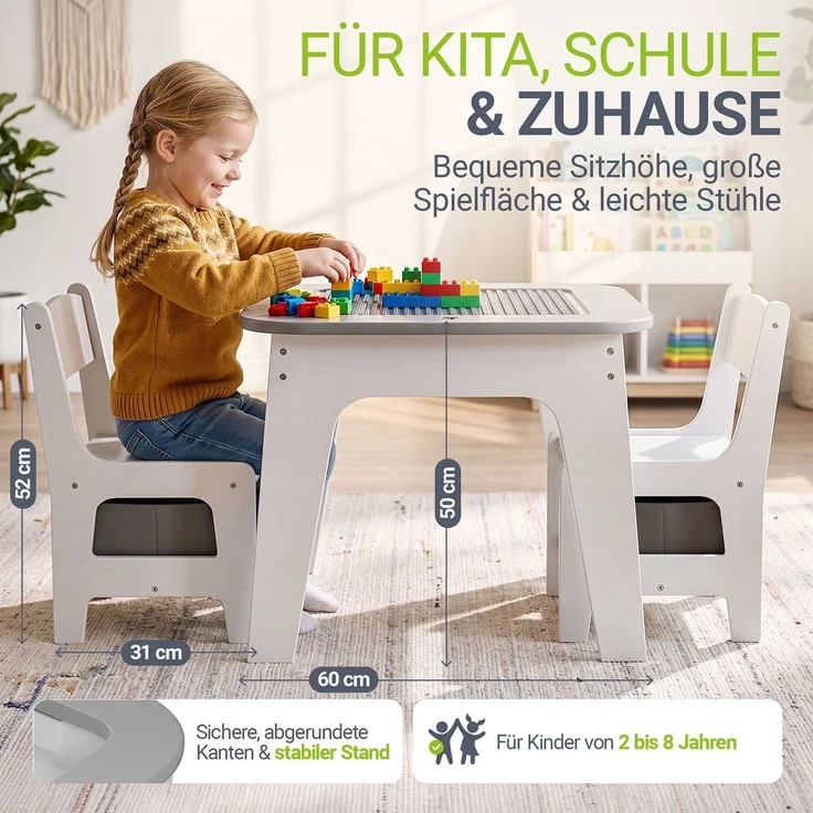 Juskys 'Milou' Kindersitzgruppe - Set mit 2 Stühlen & 1 Tisch, mit Stauraum, Holz, Grau – Bild 4