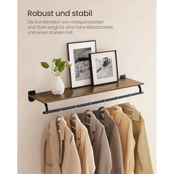 SONGMICS Wandgarderobe, Garderobe, Wandregal mit Kleiderstange, Gesamtbelastbarkeit 60 kg, 28 x 109 x 13,2 cm, für Schlafzimmer, Ankleidezimmer, vintagebraun-tintenschwarz HSRDE135B01 – Bild 5