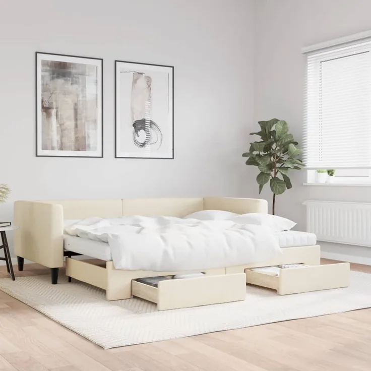 vidaXL Tagesbett Ausziehbar mit Schubladen Creme 90x200 cm Stoff 3196636