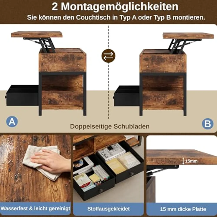 IRONCK Couchtisch Höhenverstellbar, LED Wohnzimmertisch mit Steckdosen | 2AC+USB+USB‑C, Kaffeetisch Holz, 2 Schubladen, Umwandelbar Esstisch 100×80cm, Vintagebraun – Bild 9