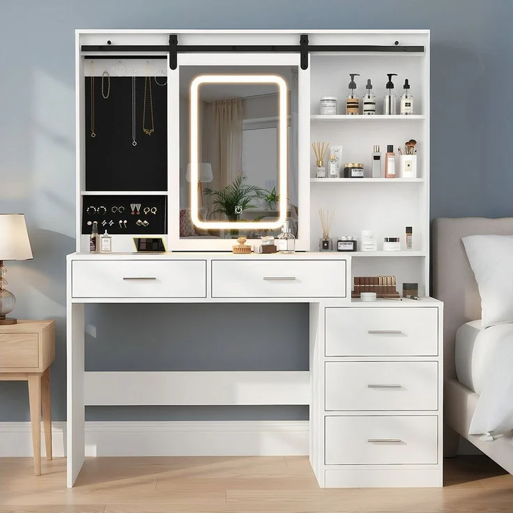 oyajia Schminktisch mit LED-Beleuchtung, Schiebespiegel (mit 5 Schubladen), 120*40*150cm Moderner,minimalistischer Stil Reichlich Stauraum Stabile – Bild 2