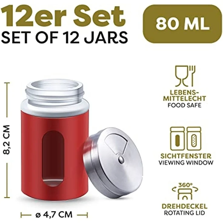Praknu Salzstreuer 12 Gewürzdosen Rot I Gewürzstreuer Edelstahl Set 80ml, (Set, 12-tlg), Mit Sichtfenster und 3fach Streuregulierung - Gewürzgläser für Gewürze – Bild 2