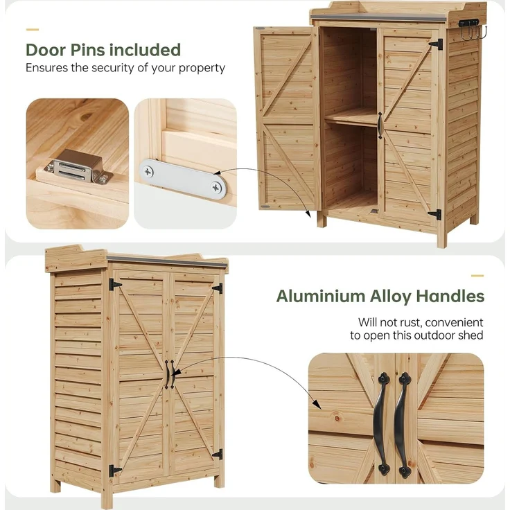 Aoxun Gartenschrank Holz, Pflanztisch mit Geräteschrank Schrank, Doppeltür, Seitenhaken und verstellbarem Regal, Gerätehaus, Gartenschuppen für Garten Terrasse, 64 x 40 x 95cm, Burlywood – Bild 4