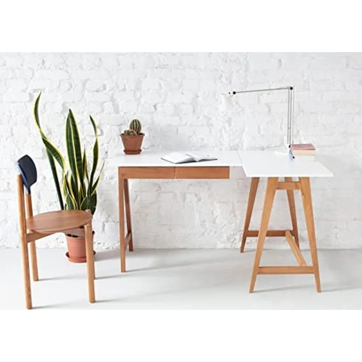 Ragaba Eckschreibtisch mit 2 Schubladen und Fußstütze, MDF & Massives Eschenholz Eichenbeize, 135x85 cm, Salbei Grün, Rechts – Bild 4