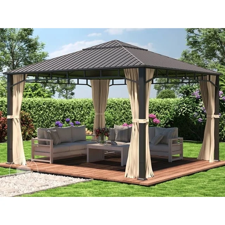 Gartenpavillon 4x4 m Stahldach Hardtop 4 Seitenteile in Champagner, Pfosten 9x9 cm – Bild 1