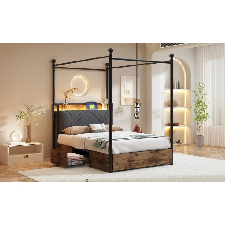 EINHOM Multifunktionales Bett 90 x 190 cm mit Stauraum, Metall, mit Stauraum und Schmiedeeisernem Baldachin, mit Abnehmbaren Bettpfosten mit LED und USB-/Typ-C-Ladeanschlüssen Sowie Zwei Schubladen, Eiseneinzelbett, Jugendbett, Schwarz (Ohne Matratze) – Bild 7