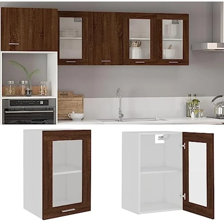 vidaXL Hängeschrank mit Glastür, Küchenschrank mit viel Stauraum, Wandmontage Einbauküche Schrank, Modern, Braun Eichen Optik Holzwerkstoff – Bild 4