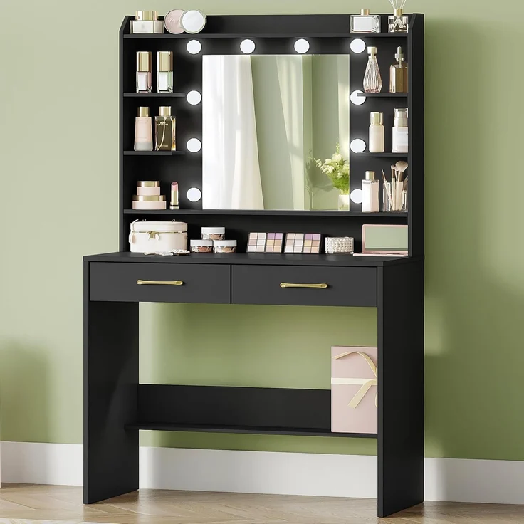 Schminktisch mit Spiegel, Schminktisch mit Ablageflächen und 2 Schubladen, für Schlafzimmer, Wohnzimmer, Verstellbare Helligkeit, 40 x 80 x 149 cm, Schwarz – Bild 1