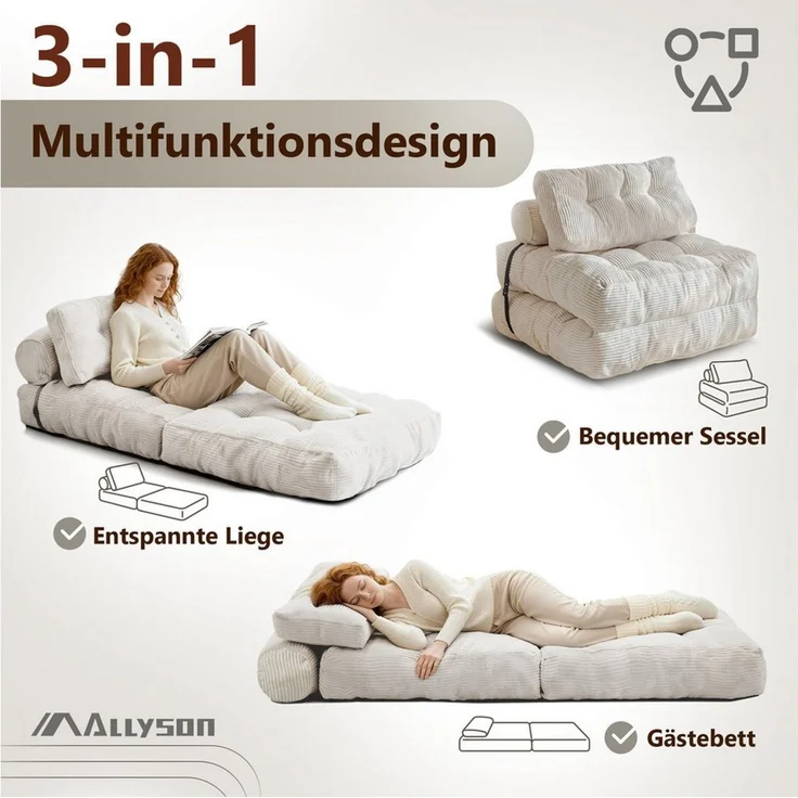 Allyson Schlafsofa Faltbarer Schlafsessel, Klappsessel 3 in 1 Bodensofa mit Rückenstütze, Weicher Cord-Bezug, ergonomische Kissen & bequeme Schaumstoff-Füllung.