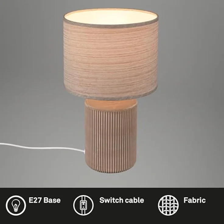 Briloner Nachttischlampe Ino, E14 Tischleuchte mit braunem Keramikfuß und Stoffschirm, Höhe 37,5 cm, Kabelschalter – Bild 2