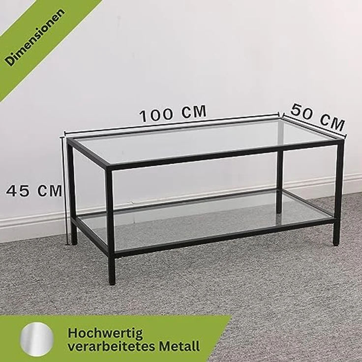 Mein-Regal Couchtisch Glasgow aus Metall mit Glasoberfläche und Ablagefach Schwarz – Bild 3
