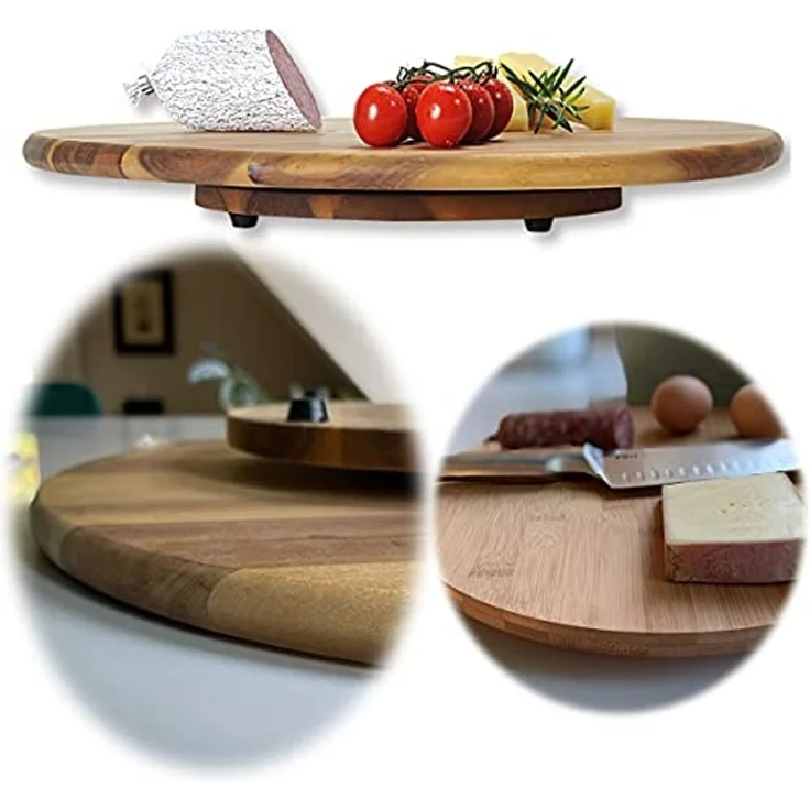 LS-LebenStil Servierplatte Nachhaltige Holz Drehplatte 37cm Premium Akazie Kugellager, Holz, (Drehteller Drehtablett Servierplatte Servierteller Serviertablett, 1-tlg, Tortenplatte drehbar), Pizzateller Vesperbrett Käsebrett Tablett Drehkabinett Kuchen – Bild 1