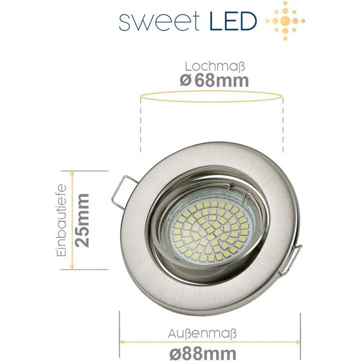 Sweet LED LED Einbaustrahler 12er Set rund schwenkbar chrom gebürstet 230V 5W GU10 LED Deckenspots, LED fest integriert, 6500K - kaltweiß, Deckenstrahler, Einbauleuchten – Bild 2