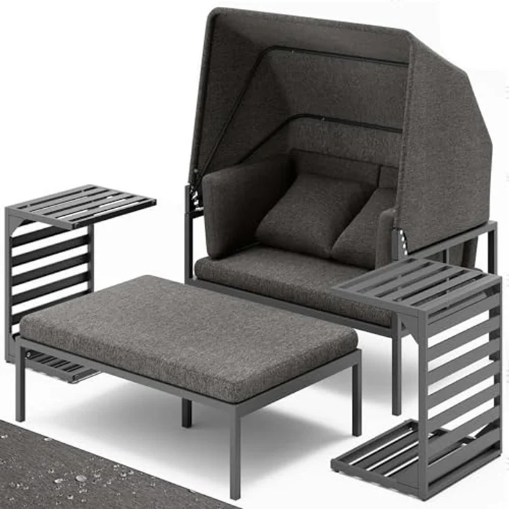 Melko Gartenlounge-Set Sonneninsel inkl. Sonnendach Strandkorb Sonnenliege Aluminium Grau, (wetterfest, resistent gegen Regen, Salzwasser und intensive Sonneneinstrahlung, inkl. 2 extra dicke und weiche Kissen inkl. Reißverschluss), 2 Beistelltischen u... – Bild 7