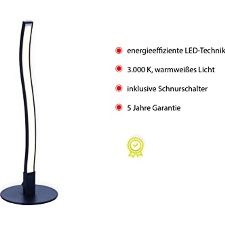 JUST LIGHT LED Tischleuchte WAVE, Schwarz, warmweißes Licht, Schnurschalter, 2,8 W, 170 Lumen, 3000 K, für Wohnzimmer, Esszimmer, Schlafzimmer, Flur – Bild 4