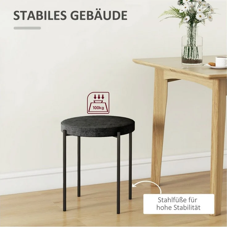 HOMCOM Esszimmerstuhl 4er-Set Esszimmerhocker Stapelbar Thekenhocker (Rundhocker, 4 St), für Küche Esszimmer Samt Schwarz 41,5 x 41,5 x 46 cm – Bild 3
