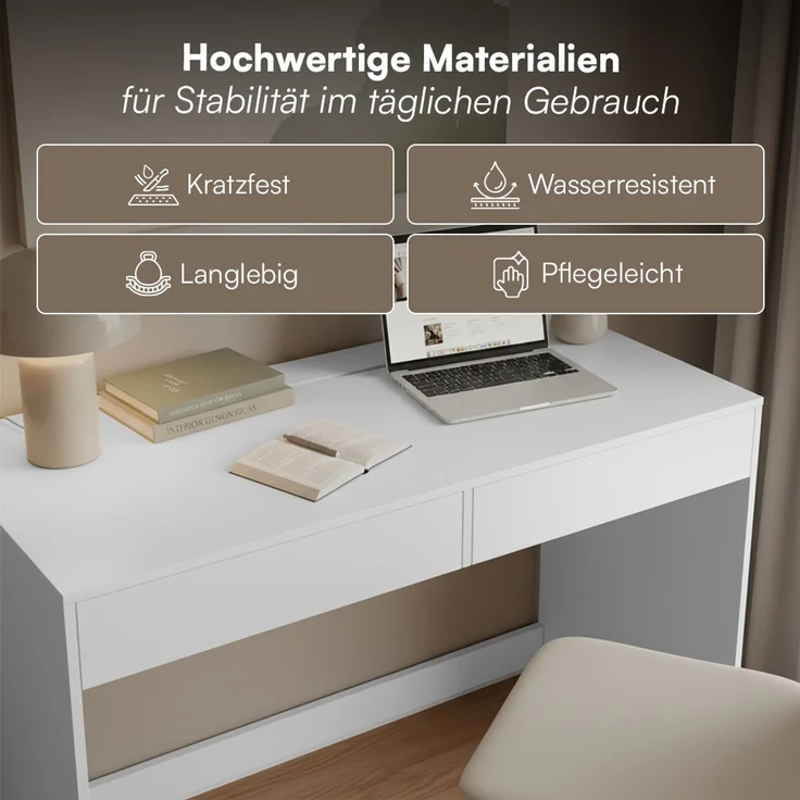 Bellamio 'Toce' Schreibtisch mit 2 Schubladen, weiß, 75x53x110 cm, Bürotisch mit Stauraum, schmaler Arbeitstisch – Bild 3