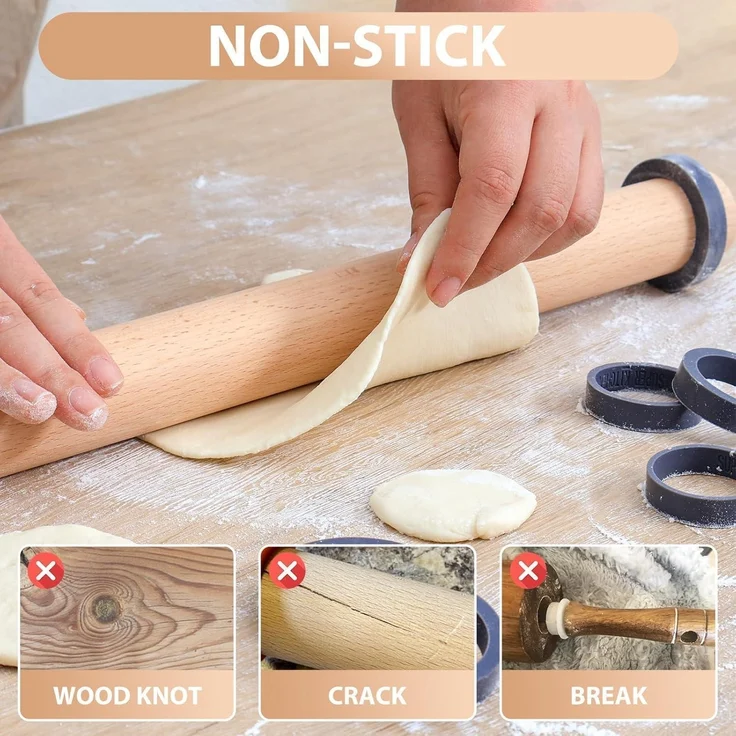 Nudelholz Buchenholz Teigroller Einstellbar Rolling Pin 5 Größen 40 cm – Bild 6