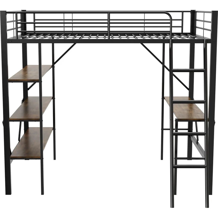 Merax 90 x 200cm Bettgestell Metallbett, Eisenbett, Hochbett mit Schreibtisch und drei großen Ablagen für Kinder, Jugendliche und Erwachsene, schwarz – Bild 8