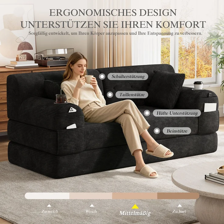 TavilaEcon 2-Sitzer Schlafsofa, komprimiertes Cord Sofa mit hoher Rückenlehne schwarz 81 × 80 × 168 cm (H × T × B) – Bild 7