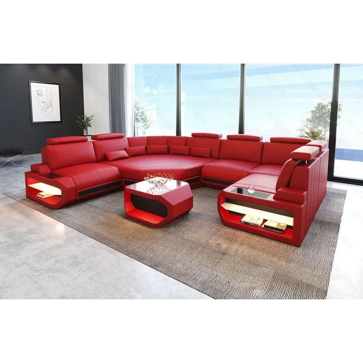 Leder Wohnlandschaft Asti Mini – Modern & Komfortabel - Büffelleder - rot-schwarz - Links – Bild 2