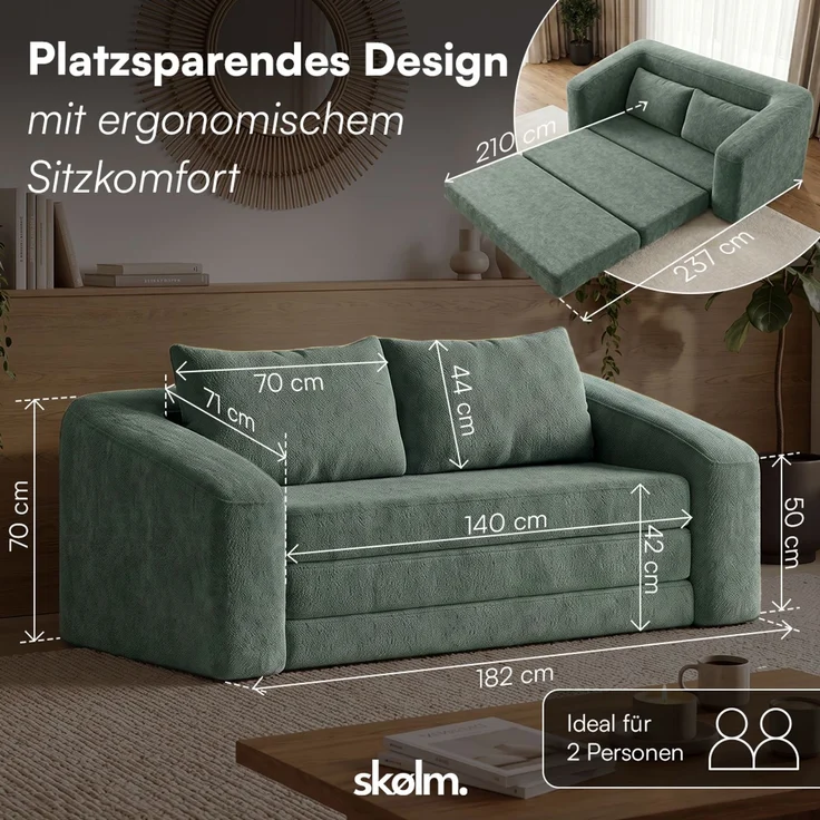 skølm 'Fjäll' Schlafsofa 2 Sitzer mit 2 Kissen, dunkelgrün, Teddy-Bouclé Sofa ausklappbar, mit Liegefunktion, vakuumverpackt ohne Aufbau – Bild 8