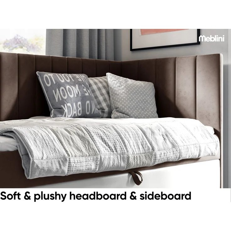 MEBLINI Kinderbett mit Bettkasten MAYA 3 80x200 Rechts – H3/Braun Samt Gepolstert Einzelbett mit Matratze - Polsterbett mit Stauraum - Bett mit Kopfteil – Stauraumbett – Bild 3