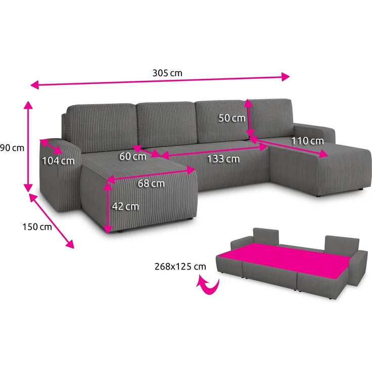 Wohnlandschaft mit Schlaffunktion Roma - U-Form Couch, Schlafsofa mit Bettkasten, Couchgranitur mit Bettfunktion, Big Sofa, Cord Stoff (Schwarz (Poso 135)) – Bild 5