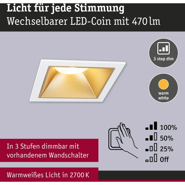 LED Einbauleuchte 3-Step-Dim Cole Coin 1er-Set IP44 eckig 88x88mm Coin 6W 470lm 230V dimmbar 2700K Weiß, Gold matt – Bild 3