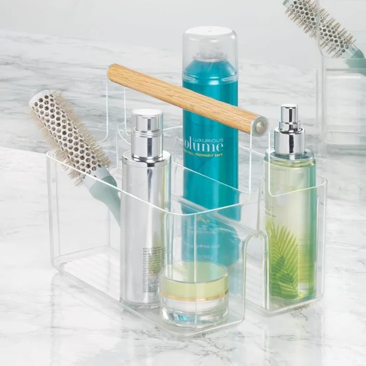 mDesign Aufbewahrungskorb Organizer Caddy 2 Fächer Holzgriff Transparent – Bild 3