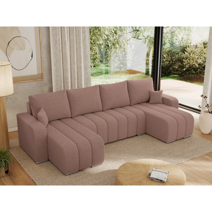 U-förmiges Ecksofa mit Schlaffunktion und Bettkasten, Couch U-form - KIRASSO U - Rosa Boucle – Bild 4