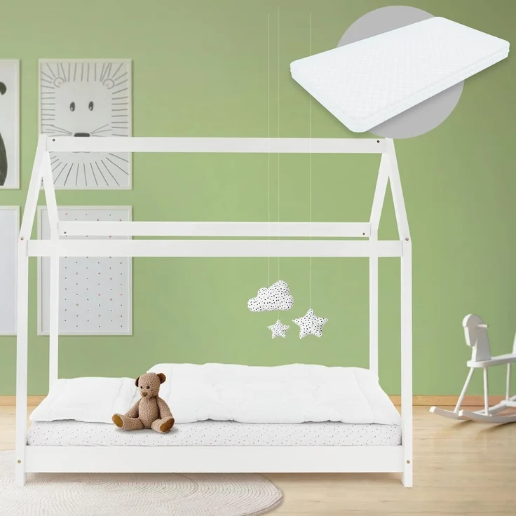 ML-DESIGN Kinderbett Hausbett Spielbett inkl. Lattenrost kreativ Bodenbett für Kinder, Abenteuerbett, Haus Bett Himmelbett Kiefer Jugendbett Weiß