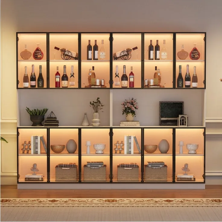 OKWISH Vitrine Regal 240x200x34 cm mit LED-Beleuchtung & 12 Glastüren – weiß (Packung, 2-St, Elegante Aufbewahrungslösung mit Soft-Close Scharnieren) Perfekt für Ihre wertvollen Stücke.
